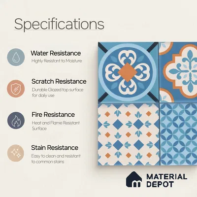 Moroccan Wall & Floor Tile TL 05007 Marrakech Tidal Blue 1 ft x 1 ft Ceramic Matte Finish - 9 mm | Suitable for Bathroom, Kitchen, Balcony | Please Expect a Slight Variation of Pattern