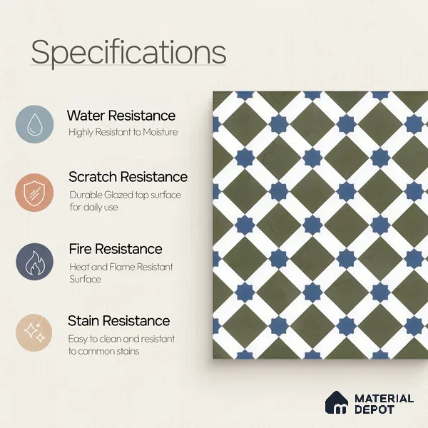 Moroccan Floor & Wall Tile TL 05047 Morissa Olive Star Mosaic 1 ft x 1 ft Ceramic Matte Finish - 7.5 mm | Suitable for Bathroom, Kitchen, Balcony | Please Expect a Slight Variation of Pattern