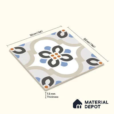 Moroccan Floor & Wall Tile TL 05051 Morissa Desert Bloom 1 ft x 1 ft Ceramic Matte Finish - 7.5 mm | Suitable for Bathroom, Kitchen, Balcony | Please Expect a Slight Variation of Pattern