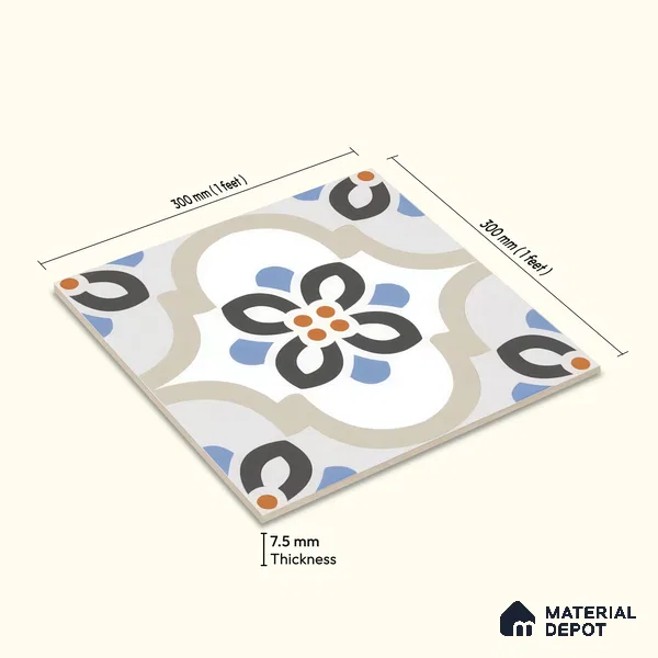 Moroccan Floor & Wall Tile TL 05051 Morissa Desert Bloom 1 ft x 1 ft Ceramic Matte Finish - 7.5 mm | Suitable for Bathroom, Kitchen, Balcony | Please Expect a Slight Variation of Pattern