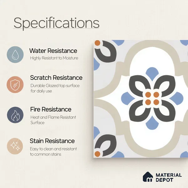 Moroccan Floor & Wall Tile TL 05051 Morissa Desert Bloom 1 ft x 1 ft Ceramic Matte Finish - 7.5 mm | Suitable for Bathroom, Kitchen, Balcony | Please Expect a Slight Variation of Pattern