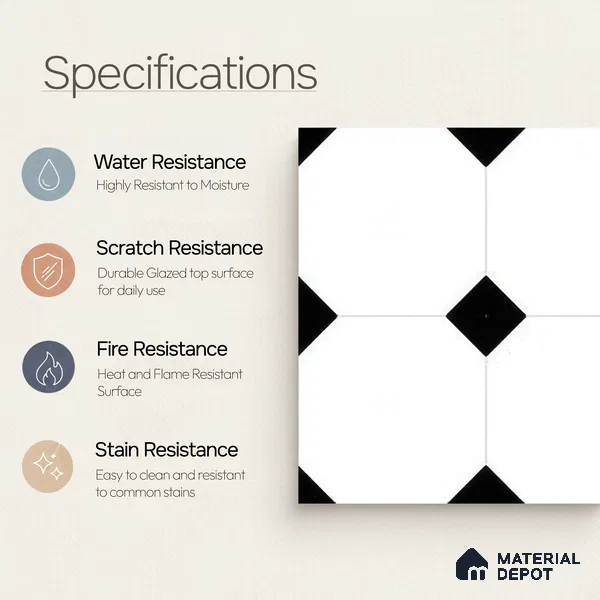 Moroccan Floor & Wall Tile TL 05052 Morissa Pentagon Monochrome Centre 1 ft x 1 ft Ceramic Matte Finish - 7.5 mm | Suitable for Bathroom, Kitchen, Entryway | Please Expect a Slight Variation of Pattern