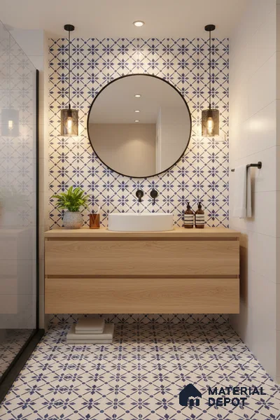 Moroccan Floor & Wall Tile TL 05053 Morissa Azure Blue Floral 1 ft x 1 ft Ceramic Matte Finish - 8 mm | Suitable for Bathroom, Kitchen,  Balcony | Please Expect a Slight Variation of Pattern