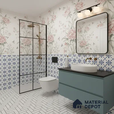 Moroccan Floor & Wall Tile TL 05053 Morissa Azure Blue Floral 1 ft x 1 ft Ceramic Matte Finish - 8 mm | Suitable for Bathroom, Kitchen,  Balcony | Please Expect a Slight Variation of Pattern
