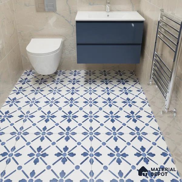 Moroccan Floor & Wall Tile TL 05053 Morissa Azure Blue Floral 1 ft x 1 ft Ceramic Matte Finish - 8 mm | Suitable for Bathroom, Kitchen,  Balcony | Please Expect a Slight Variation of Pattern