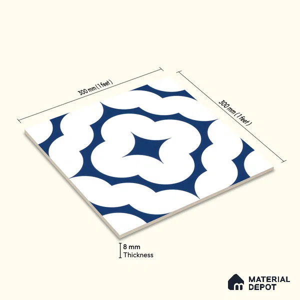 Moroccan Floor & Wall Tile TL 05055 Morissa Azure Cloud Star 1 ft x 1 ft Ceramic Matte Finish - 8 mm | Suitable for Bathroom, Kitchen, Balcony | Please Expect a Slight Variation of Pattern