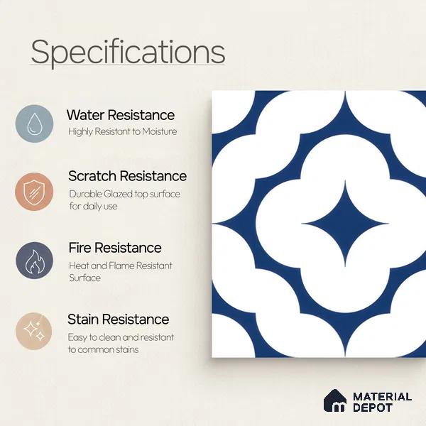 Moroccan Floor & Wall Tile TL 05055 Morissa Azure Cloud Star 1 ft x 1 ft Ceramic Matte Finish - 8 mm | Suitable for Bathroom, Kitchen, Balcony | Please Expect a Slight Variation of Pattern