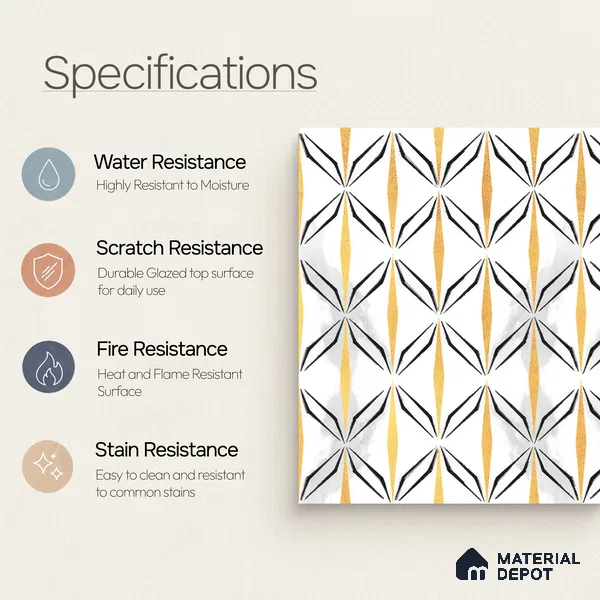 Moroccan Floor & Wall Tile TL 05057 Morissa Golden Black Fly 1 ft x 1 ft Ceramic Matte Finish - 8 mm | Suitable for Bathroom, Kitchen, Basin Area | Please Expect a Slight Variation of Pattern