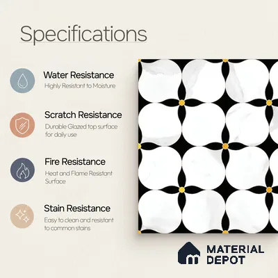 Moroccan Floor & Wall Tile TL 05058 Morissa Monochrome Floral Petal 1 ft x 1 ft Ceramic Matte Finish - 8 mm | Suitable for Bathroom, Kitchen, Balcony | Please Expect a Slight Variation of Pattern