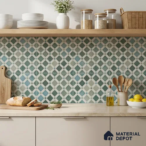 Moroccan Floor & Wall Athangudi Tile TL 05060 Morissa Fez Star Grid 1 ft x 1 ft Ceramic Matte Finish - 8 mm | Suitable For Kitchen, Bathroom, Balcony | Please Expect a Slight Variation of Pattern