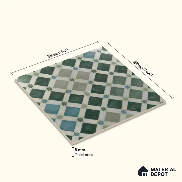Moroccan Floor & Wall Athangudi Tile TL 05060 Morissa Fez Star Grid 1 ft x 1 ft Ceramic Matte Finish - 8 mm | Suitable For Kitchen, Bathroom, Balcony | Please Expect a Slight Variation of Pattern