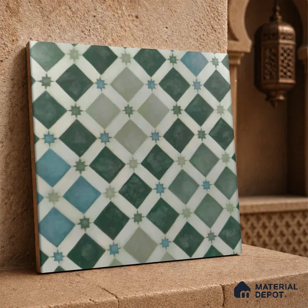 Moroccan Floor & Wall Athangudi Tile TL 05060 Morissa Fez Star Grid 1 ft x 1 ft Ceramic Matte Finish - 8 mm | Suitable For Kitchen, Bathroom, Balcony | Please Expect a Slight Variation of Pattern