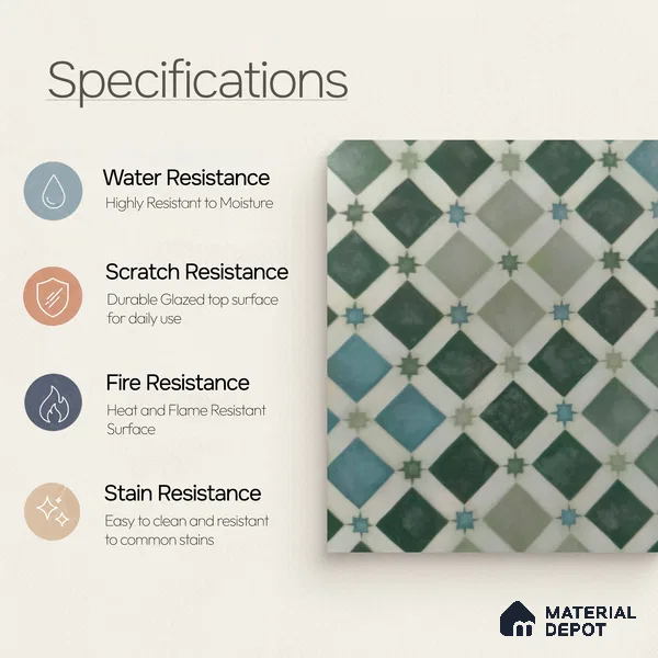 Moroccan Floor & Wall Athangudi Tile TL 05060 Morissa Fez Star Grid 1 ft x 1 ft Ceramic Matte Finish - 8 mm | Suitable For Kitchen, Bathroom, Balcony | Please Expect a Slight Variation of Pattern