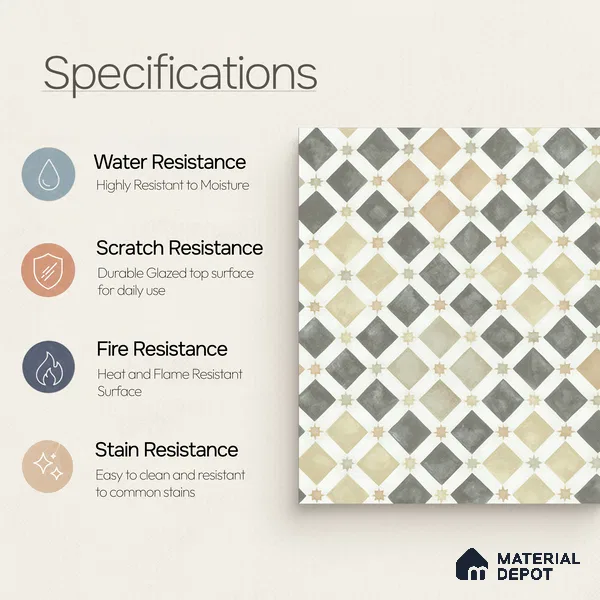 Moroccan Floor & Wall Tile TL 05061 Morissa Atlas Beige Stars 1 ft x 1 ft Ceramic Matte Finish - 8 mm | Suitable for Bathroom, Kitchen, Balcony | Please Expect a Slight Variation of Pattern