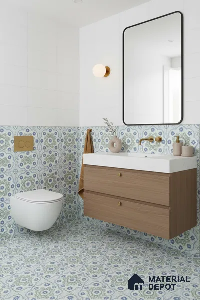 Moroccan Floor & Wall Tile TL 05062 B Morissa Ink Blue Floral 1 ft x 1 ft Ceramic Matte Finish - 8 mm | Suitable for Bathroom, Kitchen,  Balcony | Please Expect a Slight Variation of Pattern
