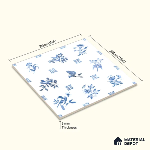 Moroccan Wall Tile TL 05067 Morissa Whitish Blue Tropical 1 ft x 1 ft Ceramic Matte Finish - 8 mm | Suitable for Bathroom, Kitchen, Balcony | Please Expect a Slight Variation of Pattern