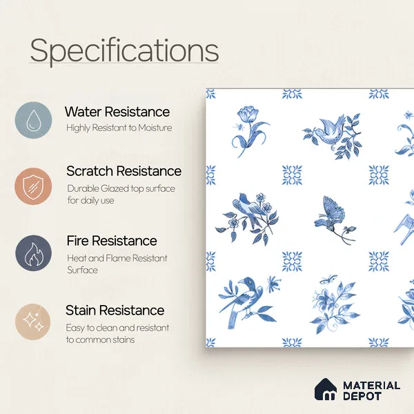 Moroccan Wall Tile TL 05067 Morissa Whitish Blue Tropical 1 ft x 1 ft Ceramic Matte Finish - 8 mm | Suitable for Bathroom, Kitchen, Balcony | Please Expect a Slight Variation of Pattern