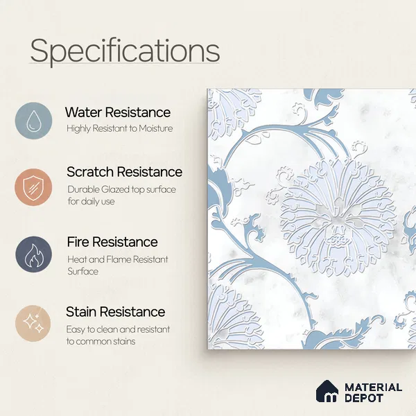 Moroccan Wall & Floor Tile TL 05068 Morissa Winter Floral 1 ft x 1 ft Ceramic Matte Finish - 8 mm | Suitable for Bathroom, Kitchen, Balcony | Please Expect a Slight Variation of Pattern