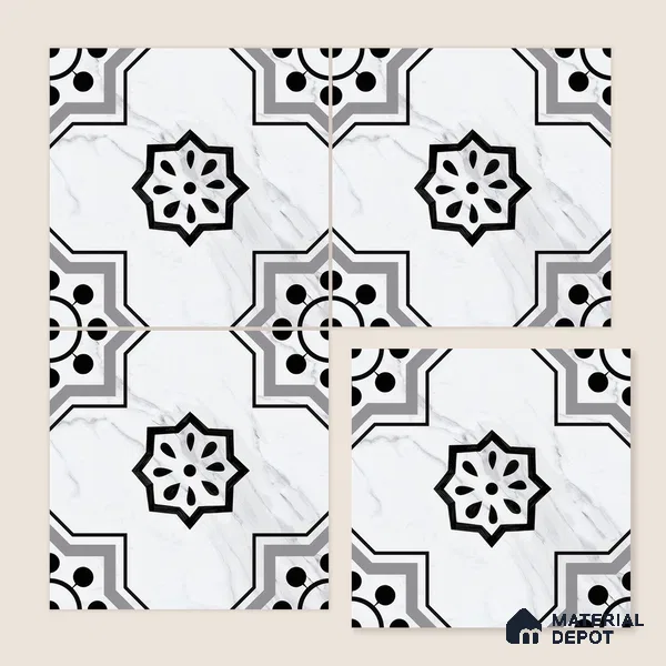 Moroccan Floor & Wall Tile TL 05076 Morissa Monochrome Marbello 1 ft x 1 ft Ceramic Matte Finish - 8 mm | Suitable for Bathroom, Kitchen, Balcony | Please Expect a Slight Variation of Pattern