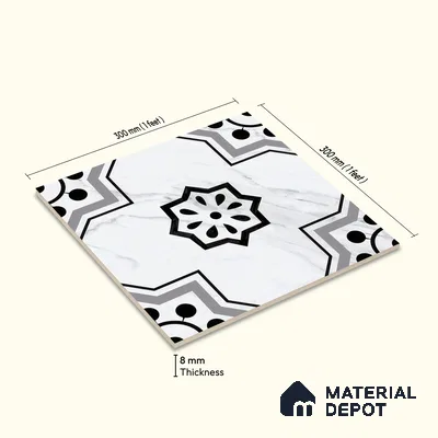 Moroccan Floor & Wall Tile TL 05076 Morissa Monochrome Marbello 1 ft x 1 ft Ceramic Matte Finish - 8 mm | Suitable for Bathroom, Kitchen, Balcony | Please Expect a Slight Variation of Pattern