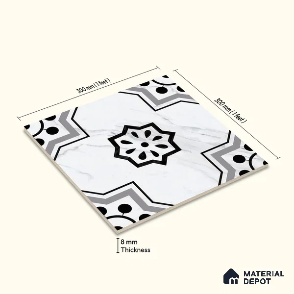 Moroccan Floor & Wall Tile TL 05076 Morissa Monochrome Marbello 1 ft x 1 ft Ceramic Matte Finish - 8 mm | Suitable for Bathroom, Kitchen, Balcony | Please Expect a Slight Variation of Pattern