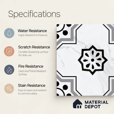 Moroccan Floor & Wall Tile TL 05076 Morissa Monochrome Marbello 1 ft x 1 ft Ceramic Matte Finish - 8 mm | Suitable for Bathroom, Kitchen, Balcony | Please Expect a Slight Variation of Pattern
