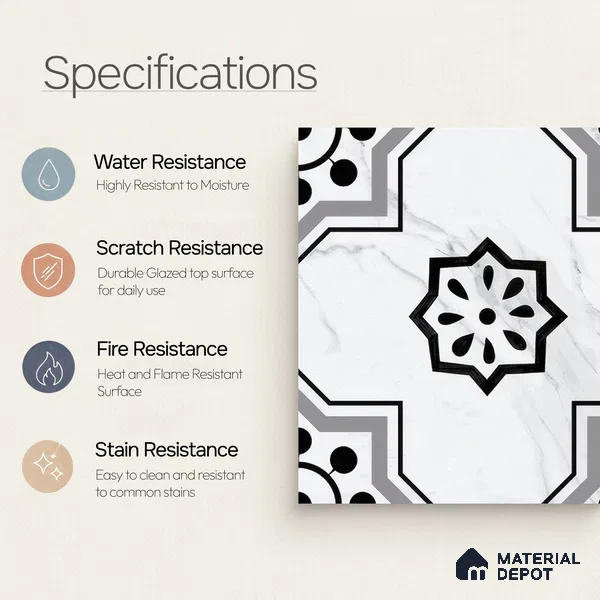 Moroccan Floor & Wall Tile TL 05076 Morissa Monochrome Marbello 1 ft x 1 ft Ceramic Matte Finish - 8 mm | Suitable for Bathroom, Kitchen, Balcony | Please Expect a Slight Variation of Pattern