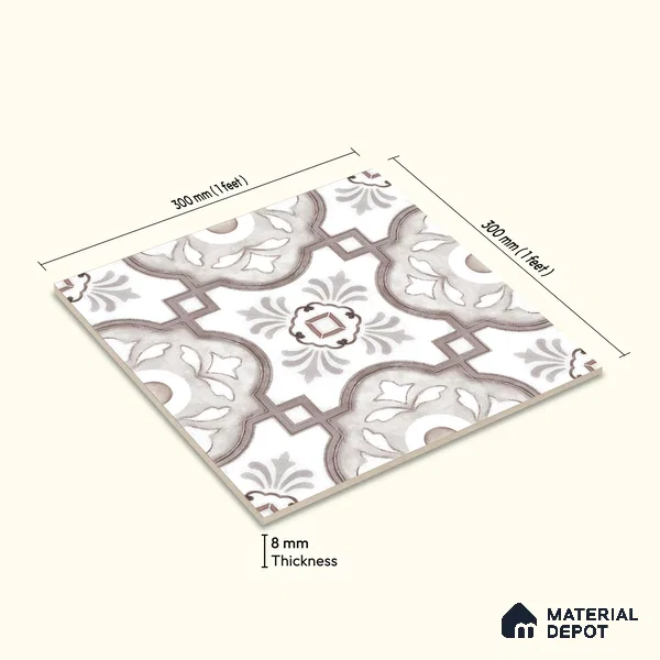 Moroccan Floor & Wall Tile TL 05077 Morissa Gunmetal Abstract Grey 1 ft x 1 ft Ceramic Matte Finish - 8 mm | Suitable for Bathroom, Kitchen, Balcony | Please Expect a Slight Variation of Pattern