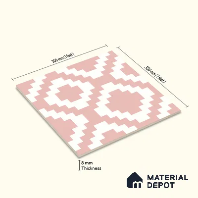 Moroccan Floor & Wall Tile TL 05078 Morissa Pink Stair 1 ft x 1 ft Ceramic Matte Finish - 8 mm | Suitable for Bathroom, Kitchen, Balcony | Please Expect a Slight Variation of Pattern