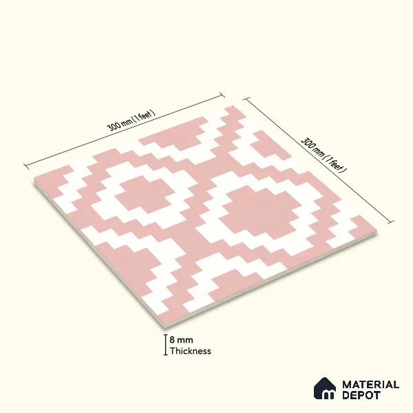 Moroccan Floor & Wall Tile TL 05078 Morissa Pink Stair 1 ft x 1 ft Ceramic Matte Finish - 8 mm | Suitable for Bathroom, Kitchen, Balcony | Please Expect a Slight Variation of Pattern