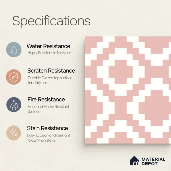 Moroccan Floor & Wall Tile TL 05078 Morissa Pink Stair 1 ft x 1 ft Ceramic Matte Finish - 8 mm | Suitable for Bathroom, Kitchen, Balcony | Please Expect a Slight Variation of Pattern