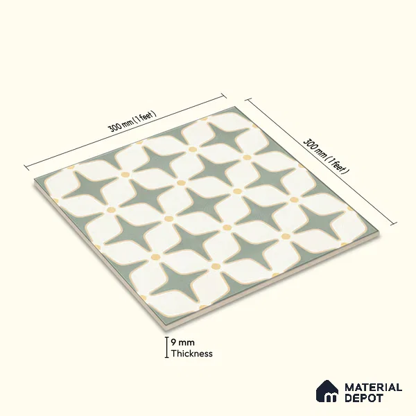 Moroccan Floor & Wall Tile TL 05093 B Bauhaus Mint Green 1 ft x 1 ft Ceramic Matte Finish - 9 mm | Suitable for Bathroom, Kitchen, Basin Area | Please Expect a Slight Variation of Pattern