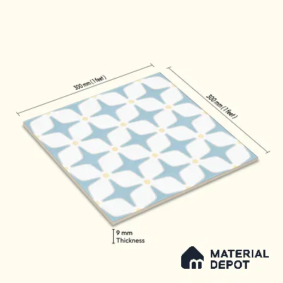 Moroccan Floor & Wall Tile TL 05093 Bauhaus Ice Blue 1 ft x 1 ft Ceramic Matte Finish - 9 mm | Suitable for Bathroom, Kitchen, Basin Area | Please Expect a Slight Variation of Pattern
