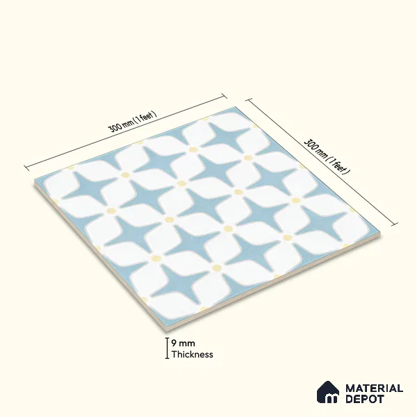 Moroccan Floor & Wall Tile TL 05093 Bauhaus Ice Blue 1 ft x 1 ft Ceramic Matte Finish - 9 mm | Suitable for Bathroom, Kitchen, Basin Area | Please Expect a Slight Variation of Pattern
