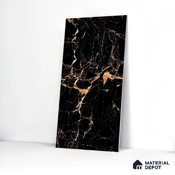 Marble Endless Portoro Wall & Floor Tile TL 05117 Onyx Black 4 ft x 2 ft High Gloss Finish Vitrified Tile - 9 mm | 4 Random Designs | Suitable For Living Room, Bedroom, Dining
