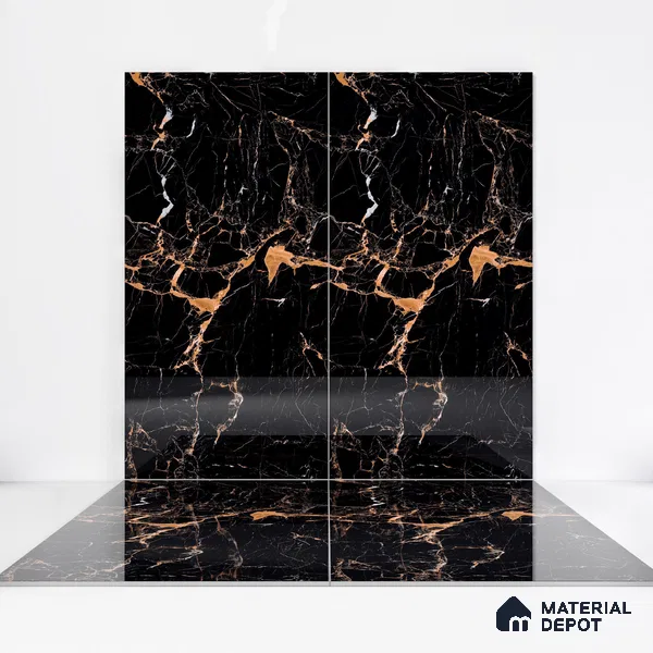Marble Endless Portoro Wall & Floor Tile TL 05117 Onyx Black 4 ft x 2 ft High Gloss Finish Vitrified Tile - 9 mm | 4 Random Designs | Suitable For Living Room, Bedroom, Dining
