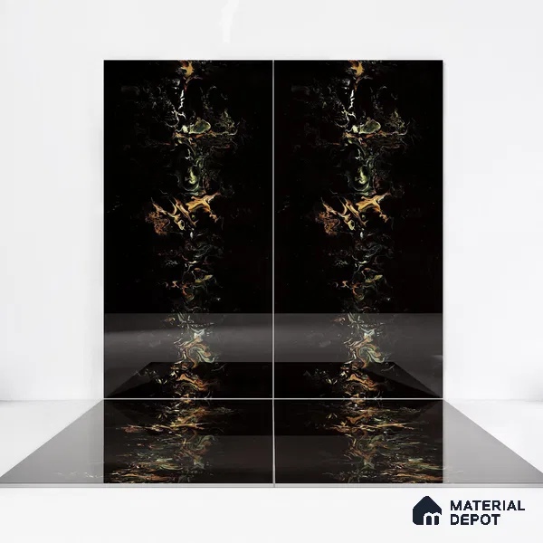 Marble Endless Portoro Wall & Floor Tile TL 05118 Jet Black 4 ft x 2 ft High Gloss Finish Vitrified Tile - 9 mm | 4 Random Designs | Suitable For Living Room, Bedroom, Dining