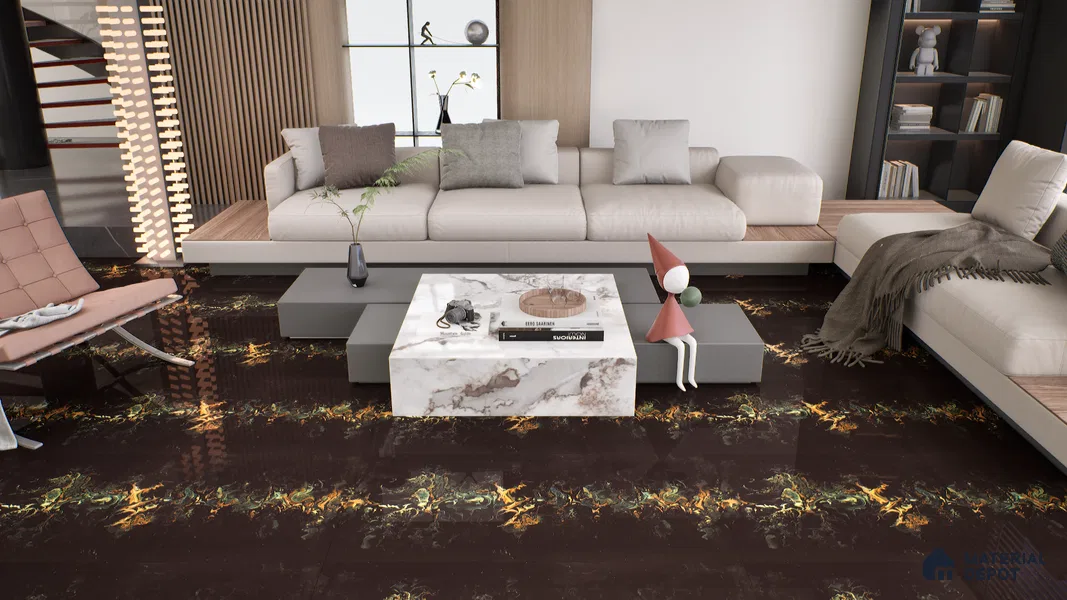 Marble Endless Portoro Wall & Floor Tile TL 05118 Jet Black 4 ft x 2 ft High Gloss Finish Vitrified Tile - 9 mm | 4 Random Designs | Suitable For Living Room, Bedroom, Dining