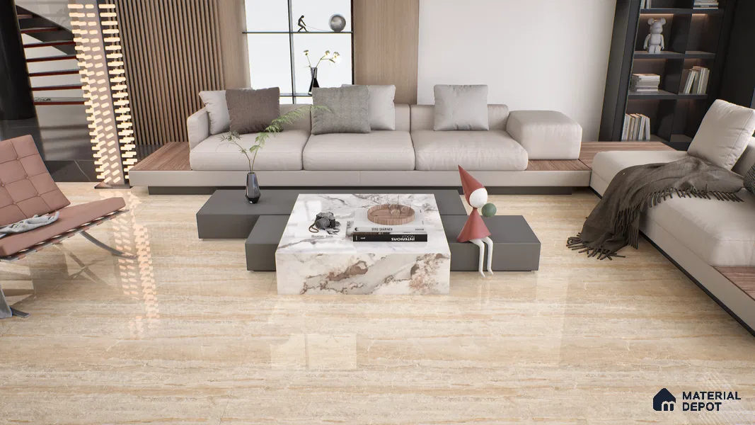 Marble Endless Travertine Wall & Floor Tile TL 05140 Sand Beige 4 ft x 2 ft Glossy Finish Vitrified Tile - 9 mm | 2 Random Designs | Suitable For Living Room, Bedroom, Dining
