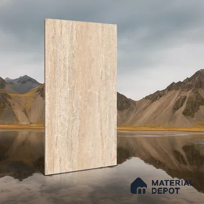 Marble Endless Travertine Wall & Floor Tile TL 05140 Sand Beige 4 ft x 2 ft Glossy Finish Vitrified Tile - 9 mm | 2 Random Designs | Suitable For Living Room, Bedroom, Dining