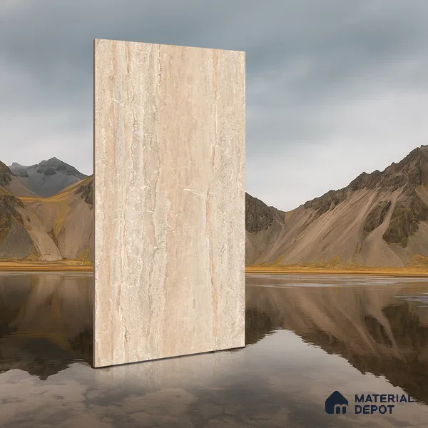 Marble Endless Travertine Wall & Floor Tile TL 05140 Sand Beige 4 ft x 2 ft Glossy Finish Vitrified Tile - 9 mm | 2 Random Designs | Suitable For Living Room, Bedroom, Dining