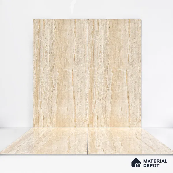 Marble Endless Travertine Wall & Floor Tile TL 05140 Sand Beige 4 ft x 2 ft Glossy Finish Vitrified Tile - 9 mm | 2 Random Designs | Suitable For Living Room, Bedroom, Dining