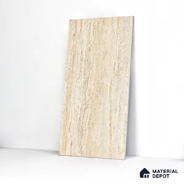 Marble Endless Travertine Wall & Floor Tile TL 05140 Sand Beige 4 ft x 2 ft Glossy Finish Vitrified Tile - 9 mm | 2 Random Designs | Suitable For Living Room, Bedroom, Dining