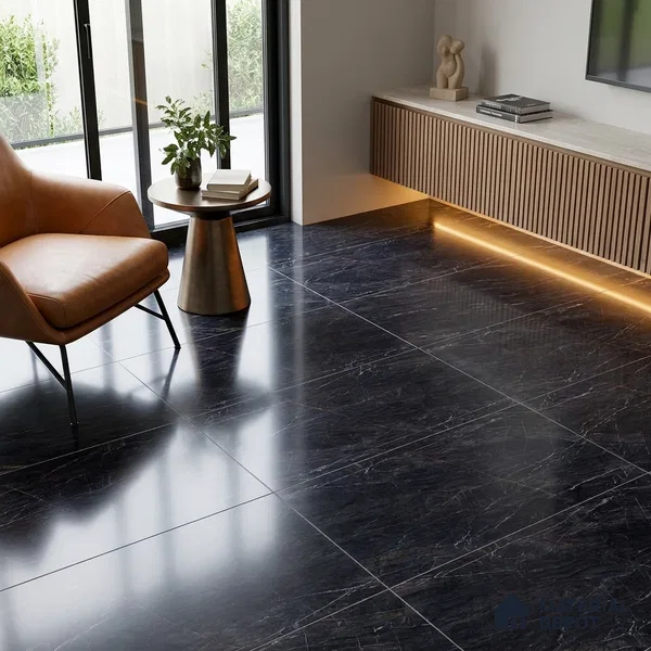 Marble Sahara Noir Wall & Floor Tile TL 05148 Graphite Black 4 ft x 2 ft High Gloss Finish Vitrified Tile - 9 mm | 4 Random Designs | Suitable For Living Room, Bedroom, Dining
