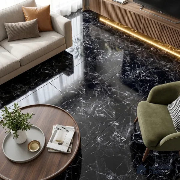 Marble Endless Nero Marquina Wall & Floor Tile TL 05151 Charcoal Black 4 ft x 2 ft High Gloss Finish Vitrified Tile - 9 mm | 4 Random Designs | Suitable For Living Room, Bedroom, Dining