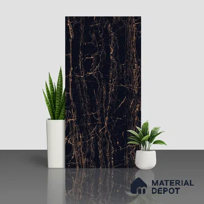 Marble Portoro Wall & Floor Tile TL 05153 Jet Black 4 ft x 2 ft High Gloss Finish Vitrified Tile - 9 mm | 6 Random Designs | Suitable For Living Room, Bedroom, Dining