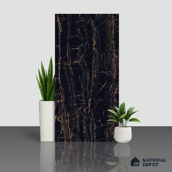 Marble Portoro Wall & Floor Tile TL 05153 Jet Black 4 ft x 2 ft High Gloss Finish Vitrified Tile - 9 mm | 6 Random Designs | Suitable For Living Room, Bedroom, Dining