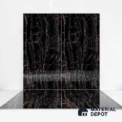 Marble Portoro Wall & Floor Tile TL 05153 Jet Black 4 ft x 2 ft High Gloss Finish Vitrified Tile - 9 mm | 6 Random Designs | Suitable For Living Room, Bedroom, Dining