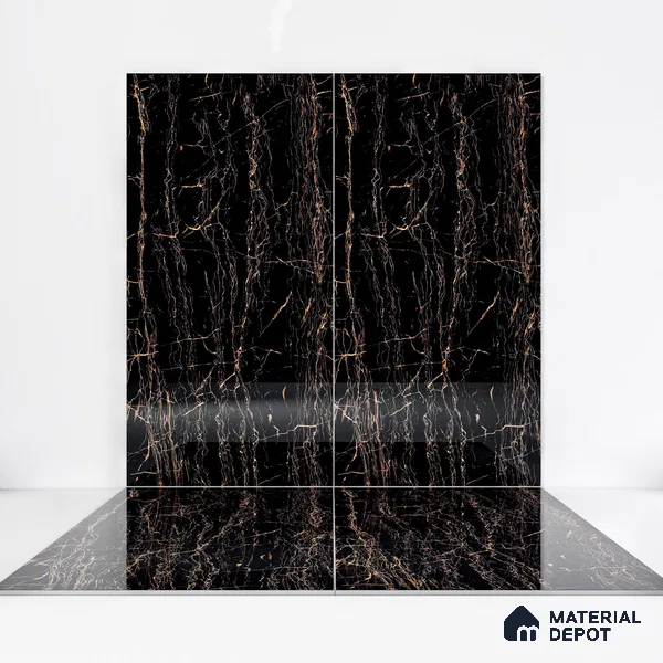 Marble Portoro Wall & Floor Tile TL 05153 Jet Black 4 ft x 2 ft High Gloss Finish Vitrified Tile - 9 mm | 6 Random Designs | Suitable For Living Room, Bedroom, Dining