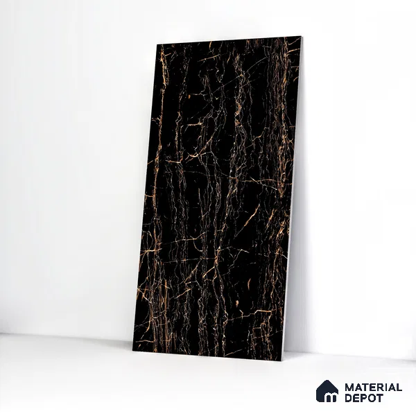 Marble Portoro Wall & Floor Tile TL 05153 Jet Black 4 ft x 2 ft High Gloss Finish Vitrified Tile - 9 mm | 6 Random Designs | Suitable For Living Room, Bedroom, Dining